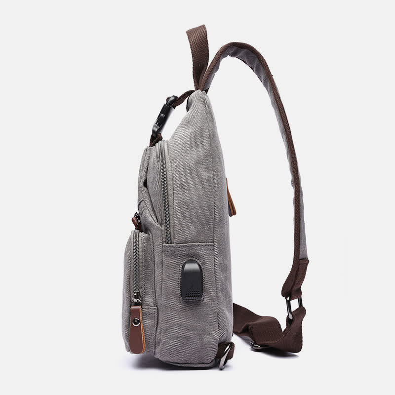 Canvas Sling Bag Crossbody Backpack – Casual Rucksack with USB Charging Port - VOTVO