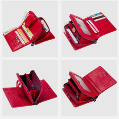 Cartera antirrobo multifuncional de piel auténtica para mujer: protección RFID, ranuras para tarjetas y monedero con cremallera.