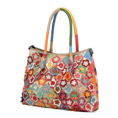 Genuine Leather Multicolor Flower Boho Handbag – A Touch of Artistic Elegance - VOTVO