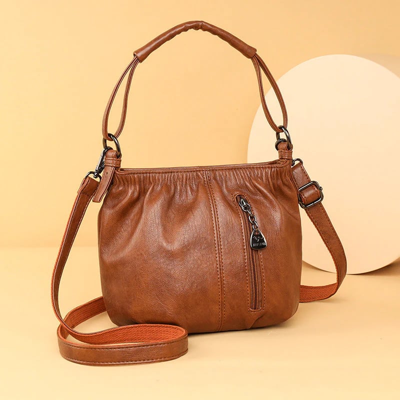 Pleated Bucket Leather Handbag – Casual Soft Shoulder Bag for Women