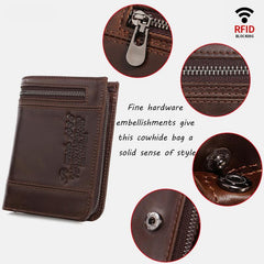 RFID Large Capacity Bifold Wallet for Men – Retro Genuine Leather with 20 Card Slots & Zipper Pockets