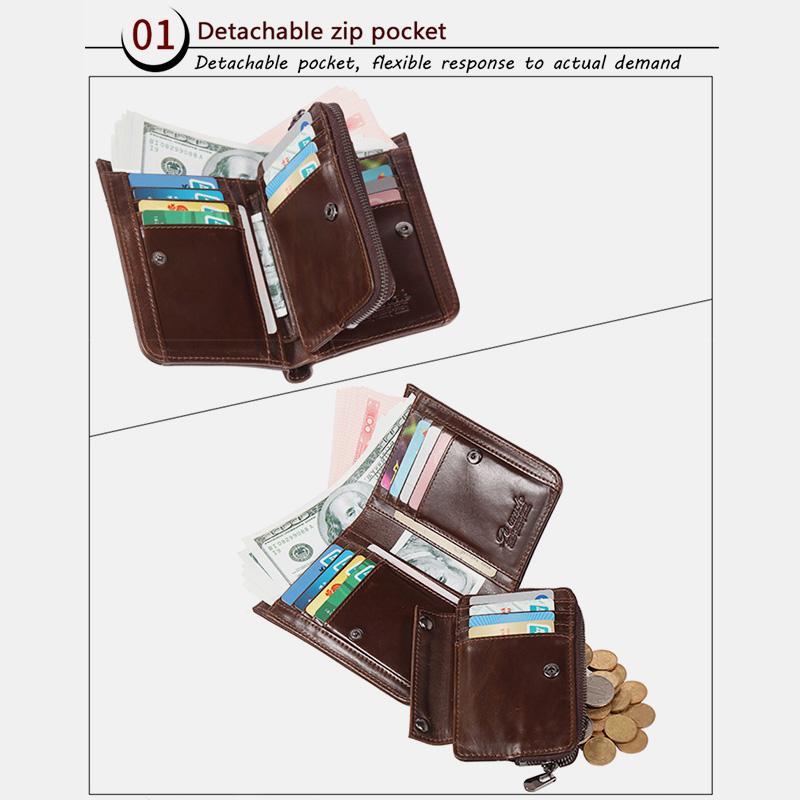 RFID Large Capacity Bifold Wallet for Men – Retro Genuine Leather with 20 Card Slots & Zipper Pockets - VOTVO