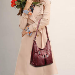 3-Way Use Backpack Multi-Pocket Leather Zip Crossbody Shoulder Bag