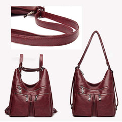 3-Way Use Backpack Multi-Pocket Leather Zip Crossbody Shoulder Bag