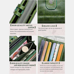 Cartera antirrobo multifuncional de piel auténtica para mujer: protección RFID, ranuras para tarjetas y monedero con cremallera.