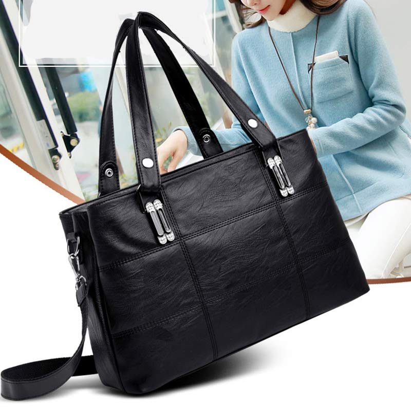 Triple Compartment Women’s Leather Tote Shoulder Handbag with Crossbody Strap
