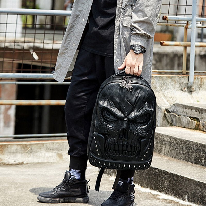 3D Skull Punk Rivet Leather Backpack | Waterproof Embossed Ghost Head Knapsack - VOTVO