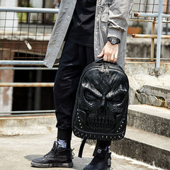 3D Skull Punk Rivet Leather Backpack | Waterproof Embossed Ghost Head Knapsack - VOTVO
