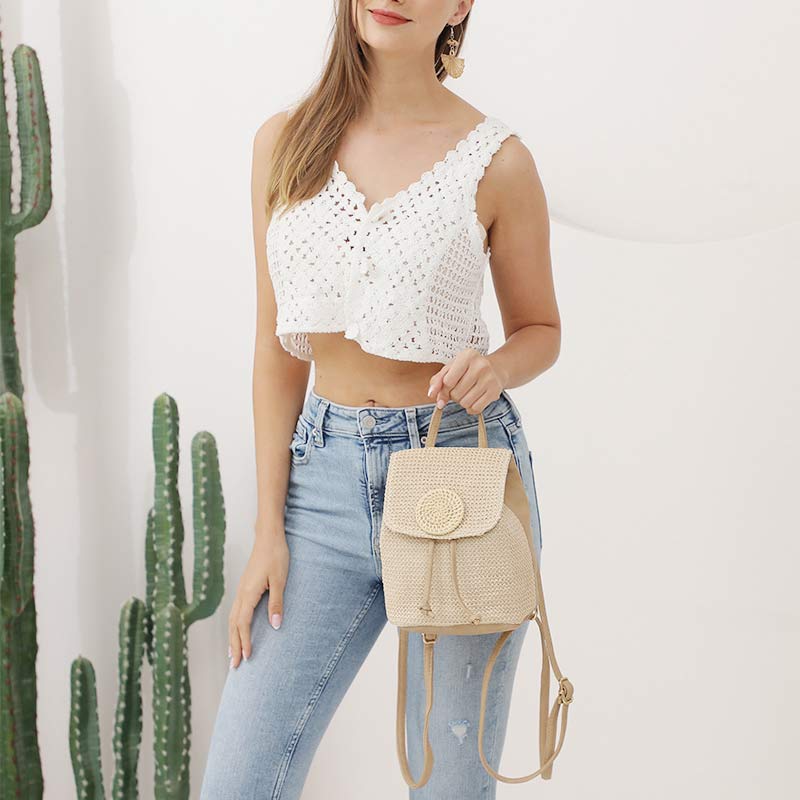 Women’s Straw Backpack – Summer Beach Woven Drawstring Handbag - VOTVO