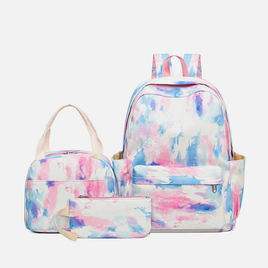 3Pcs Tie-Dye Girls Backpack Set – Canvas School Bookbag, Lunch Bag & Pencil Case for Students, Women, and Teens
