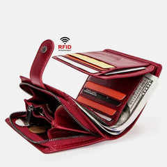 Cartera retro antirrobo triple de cuero genuino con RFID para mujer