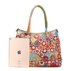Genuine Leather Multicolor Flower Boho Handbag – A Touch of Artistic Elegance