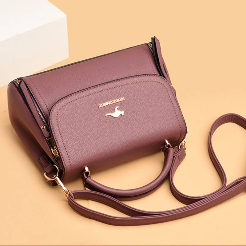 Medium Double Compartment Leather Satchel Handbag with Crossbody Strap – Stylish Top Handle Purse for Women