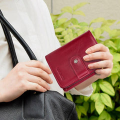 Cartera retro antirrobo triple de cuero genuino con RFID para mujer