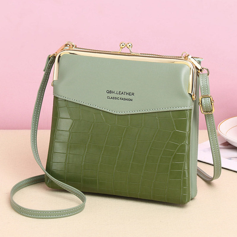Women’s Leather Crossbody Handbag – Double Compartment Kiss Lock Shoulder Bag