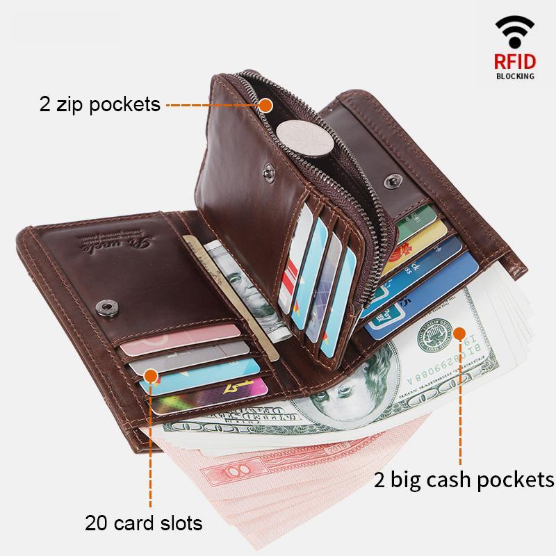 RFID Large Capacity Bifold Wallet for Men – Retro Genuine Leather with 20 Card Slots & Zipper Pockets - VOTVO
