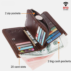 RFID Large Capacity Bifold Wallet for Men – Retro Genuine Leather with 20 Card Slots & Zipper Pockets - VOTVO