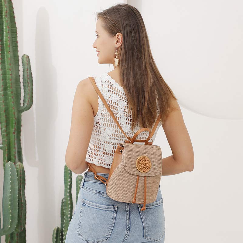 Women’s Straw Backpack – Summer Beach Woven Drawstring Handbag - VOTVO