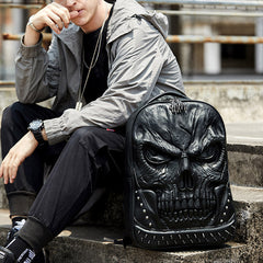 3D Skull Punk Rivet Leather Backpack | Waterproof Embossed Ghost Head Knapsack