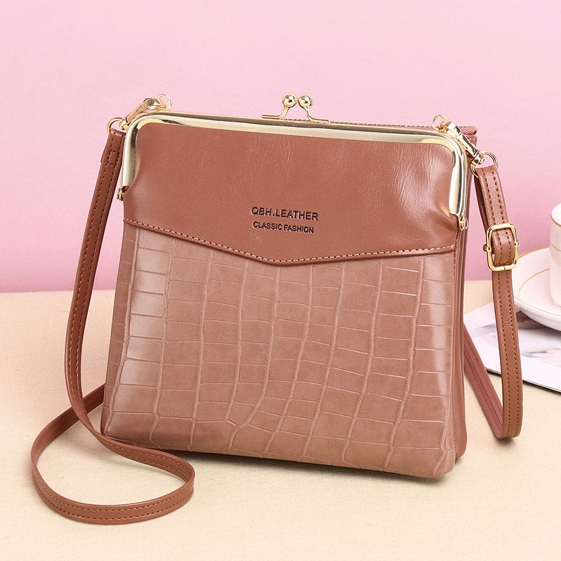 Women’s Leather Crossbody Handbag – Double Compartment Kiss Lock Shoulder Bag