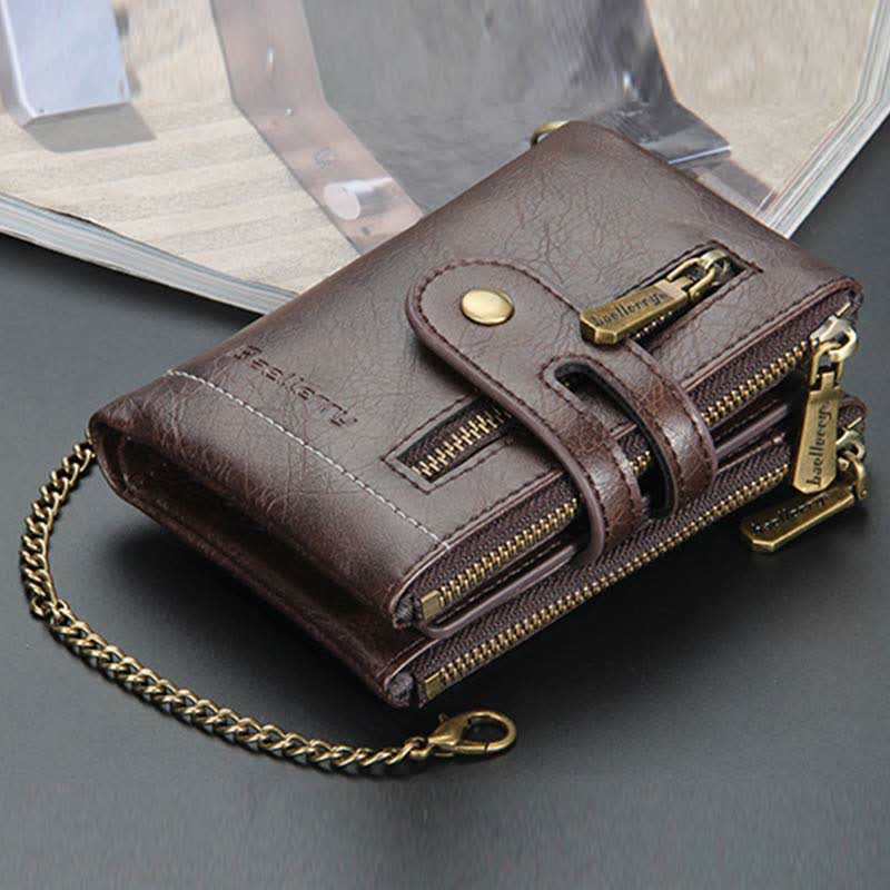 Trifold Leather Wallet for Men with Coin Purse, Snap Zip Closure & Chain – PU Leather, 12 Card Slots