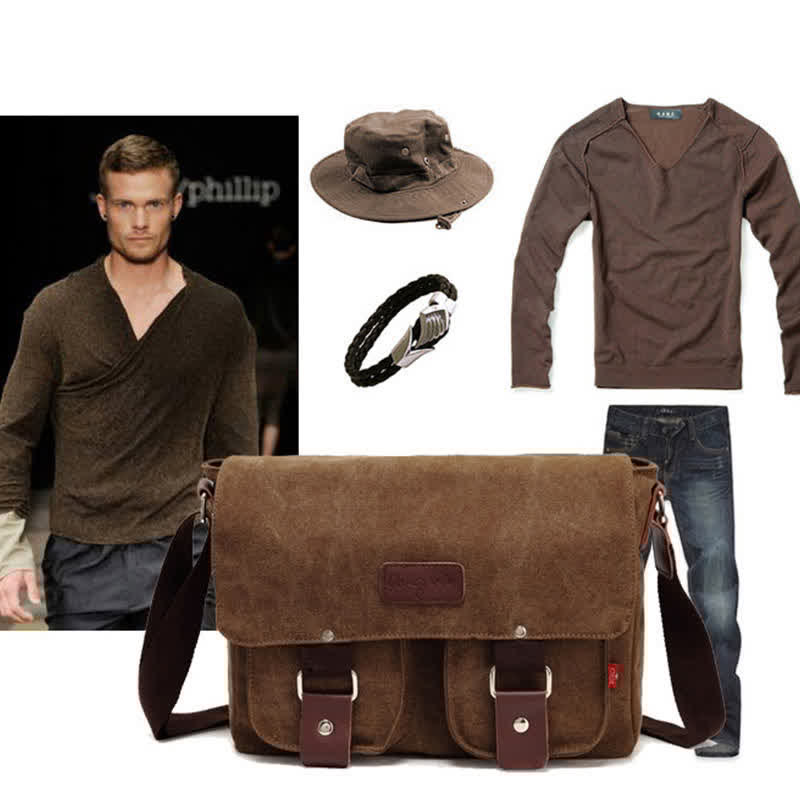 Borsa a tracolla in tela da uomo – Borsa a tracolla vintage multitasche