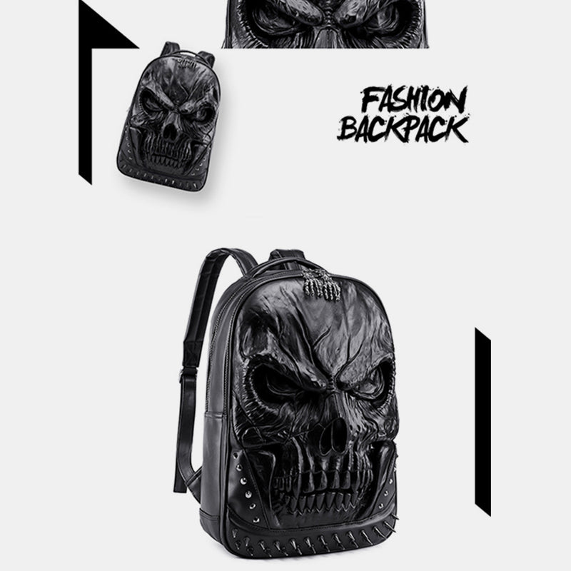 3D Skull Punk Rivet Leather Backpack | Waterproof Embossed Ghost Head Knapsack - VOTVO