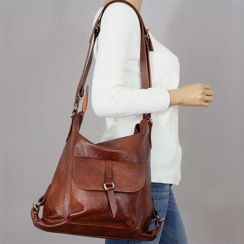 2-in-1 Convertible Leather Tote Backpack – Retro Shoulder Bag & Travel Day Pack