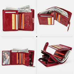 Cartera retro antirrobo triple de cuero genuino con RFID para mujer