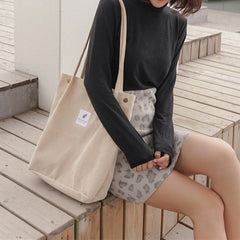 Corduroy Tote Bag for Women – Large Capacity School Shoulder Bag with Magnetic Closure