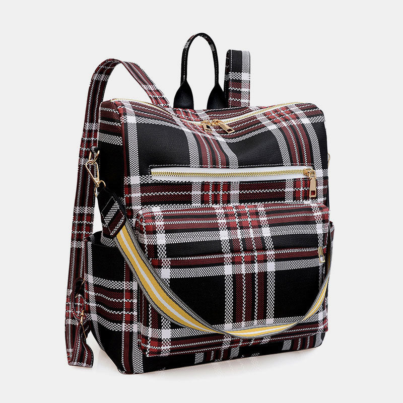 Women’s Plaid Leather Backpack – Multifunctional Daypack with Shoulder Strap