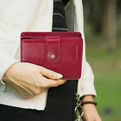 Cartera retro antirrobo triple de cuero genuino con RFID para mujer