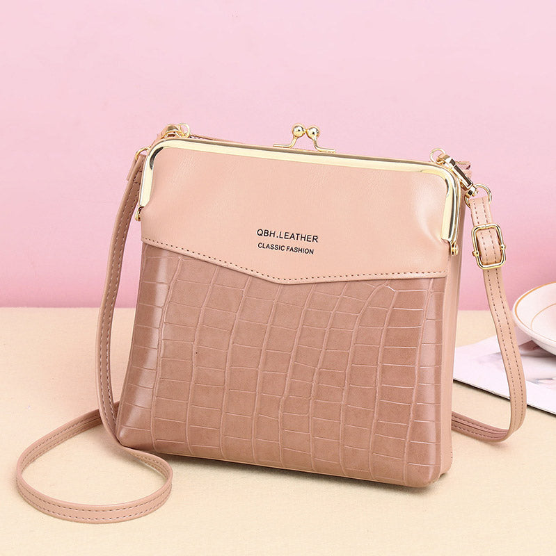 Women’s Leather Crossbody Handbag – Double Compartment Kiss Lock Shoulder Bag