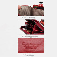 Cartera retro antirrobo triple de cuero genuino con RFID para mujer