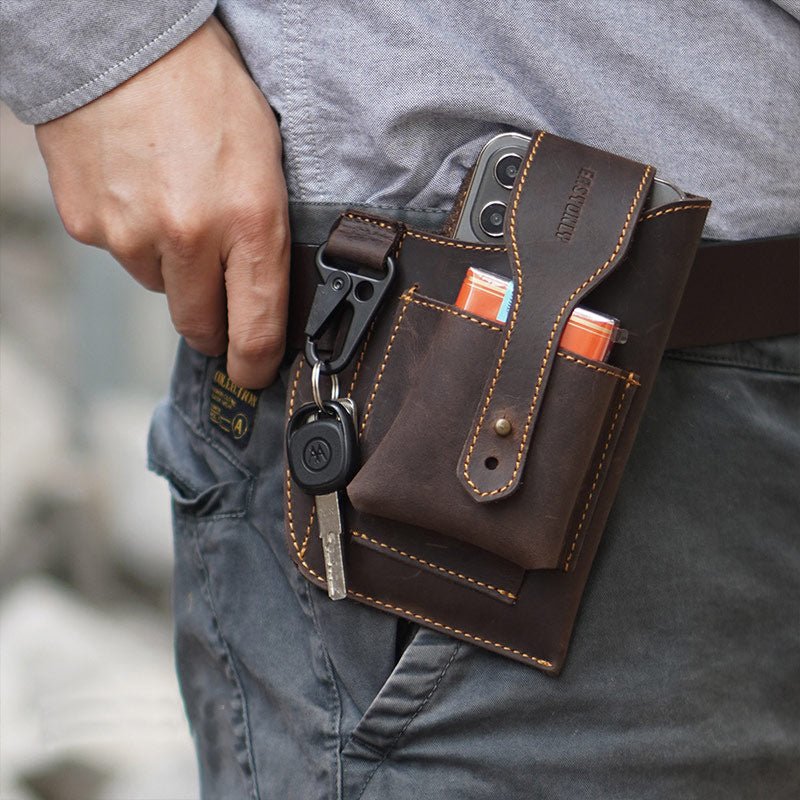 Vintage Leather Waist Phone Bag with Keychain | Outdoor Activity & Daily Use | Genuine Leather - VOTVO