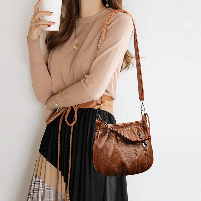 Pleated Bucket Leather Handbag – Casual Soft Shoulder Bag for Women