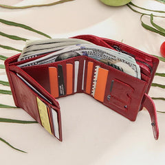 Cartera retro antirrobo triple de cuero genuino con RFID para mujer