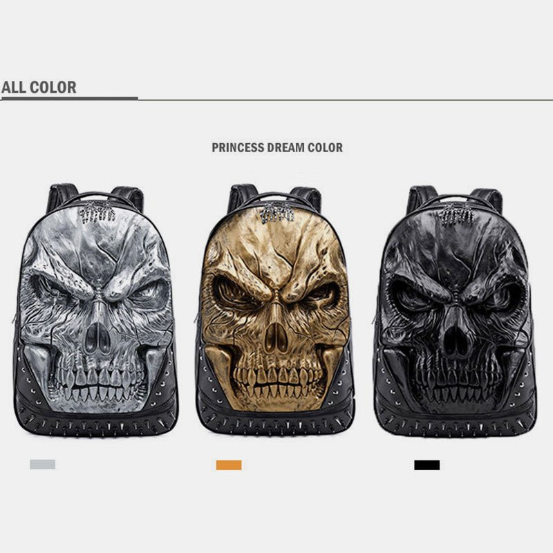 3D Skull Punk Rivet Leather Backpack | Waterproof Embossed Ghost Head Knapsack - VOTVO
