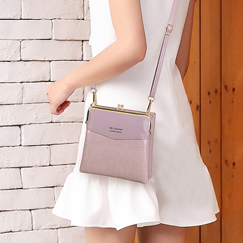 Women’s Leather Crossbody Handbag – Double Compartment Kiss Lock Shoulder Bag