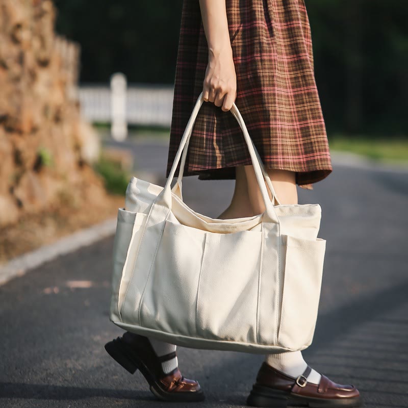 Minimalist Large Capacity Tote Bag for Women – Canvas Shoulder Bag with Zipper Closure