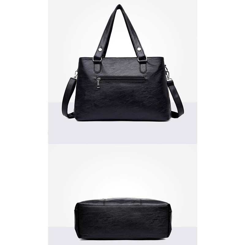 Triple Compartment Women’s Leather Tote Shoulder Handbag with Crossbody Strap