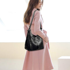 3-Way Use Backpack Multi-Pocket Leather Zip Crossbody Shoulder Bag