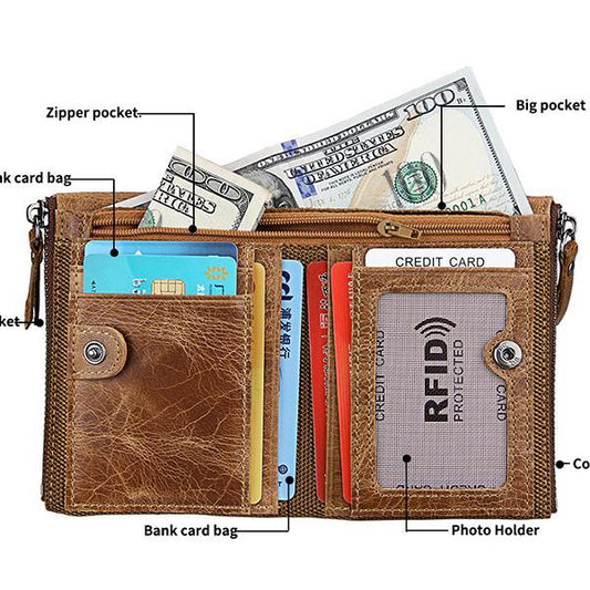 Men’s Genuine Leather RFID Wallet – Multi - Card & Coin Pockets, Zipper & Buckle Closure - VOTVO