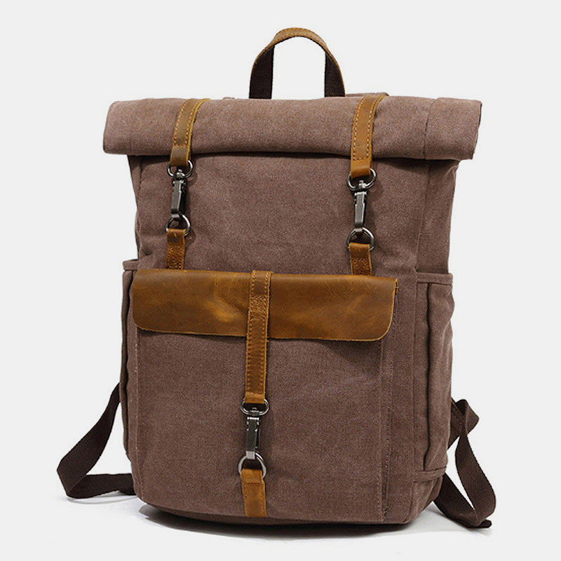 Unisex Canvas & Leather Hiking Travel Backpack – Durable Rucksack School Bag Daypack