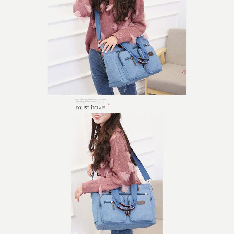Multi - Pocket Canvas Tote Handbag for Women & Men – Retro Laptop Bag with Adjustable Straps - VOTVO