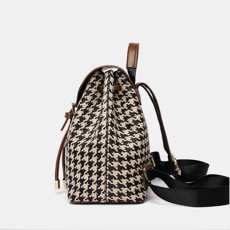 Women's Mini Backpack Purse with Houndstooth Print – Flap Daypack Leather Shoulder Bag