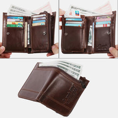 RFID Large Capacity Bifold Wallet for Men – Retro Genuine Leather with 20 Card Slots & Zipper Pockets - VOTVO