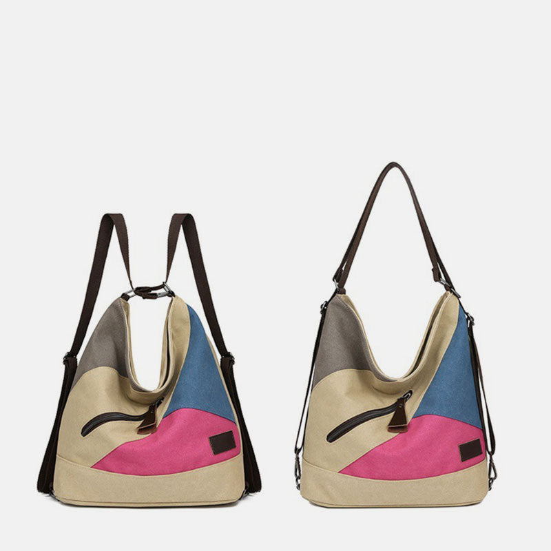 Women's Color Block Canvas Backpack – Tote Shoulder Hobo Bag Rucksack