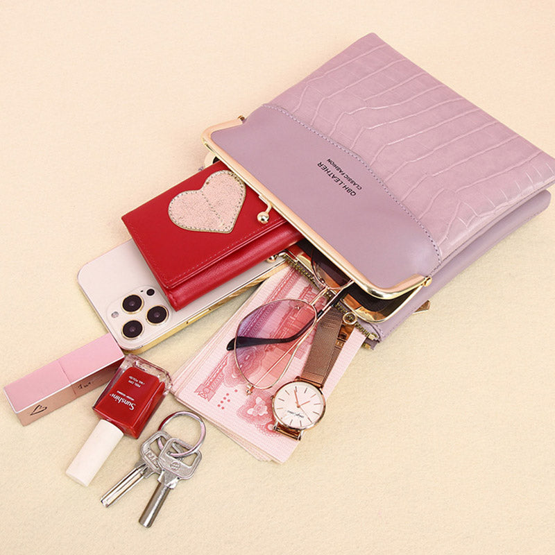 Women’s Leather Crossbody Handbag – Double Compartment Kiss Lock Shoulder Bag