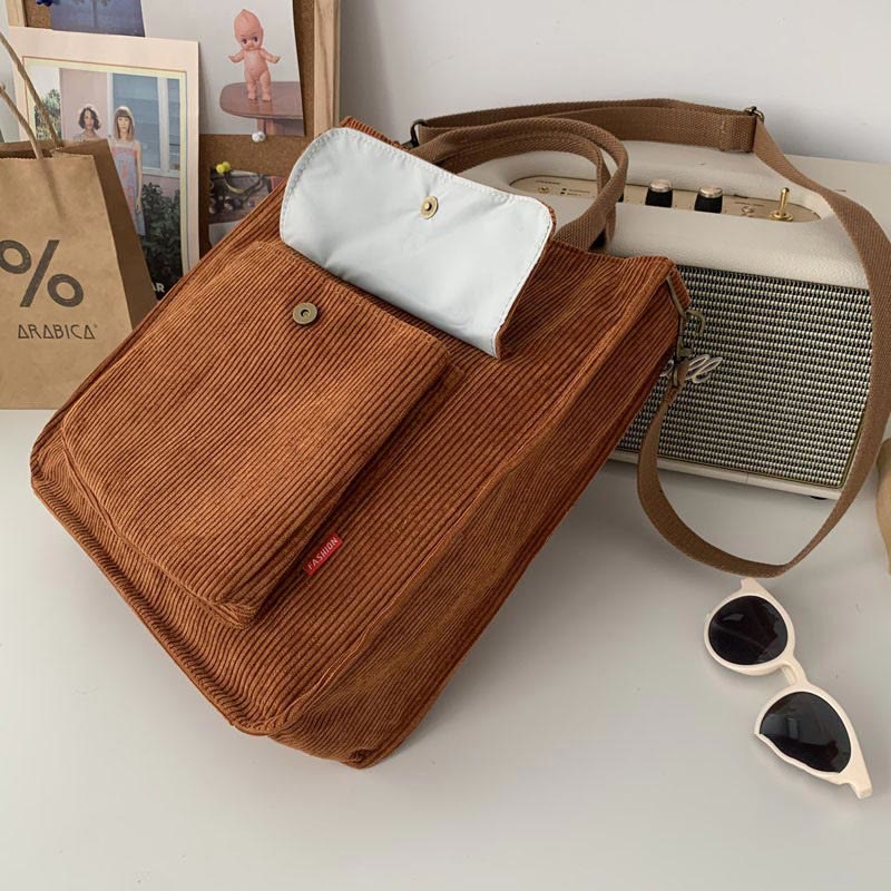 Vintage Corduroy Tote Bag for Women – Crossbody Handbag with Adjustable Strap for Daily Use, Travel, and Shopping - VOTVO